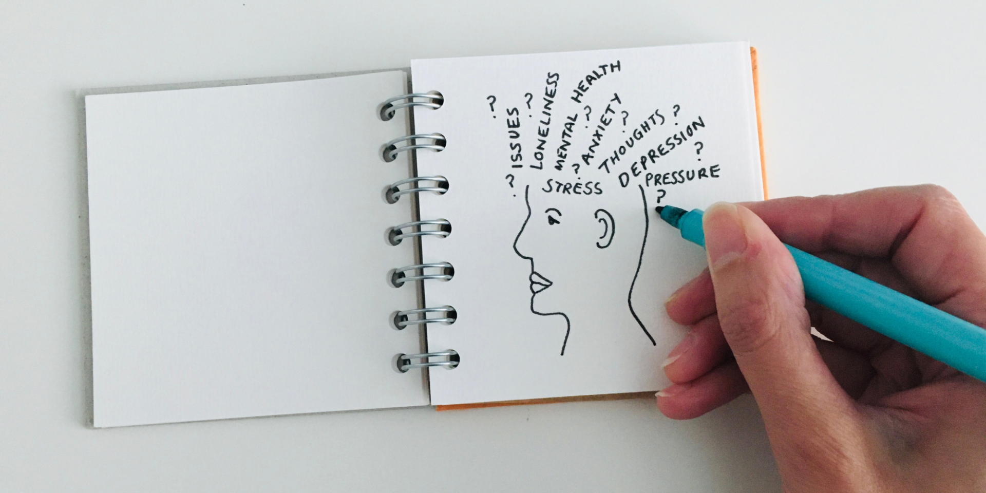 Drawing of brain in notepad surrounded by written words associated with mental health