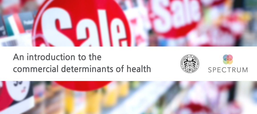 Text reads "An introduction to the commercial determinants of health" against background of price promotions