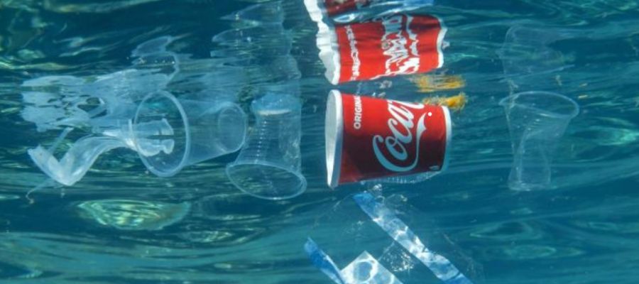 Plastic Coca-Cola cup floating in water