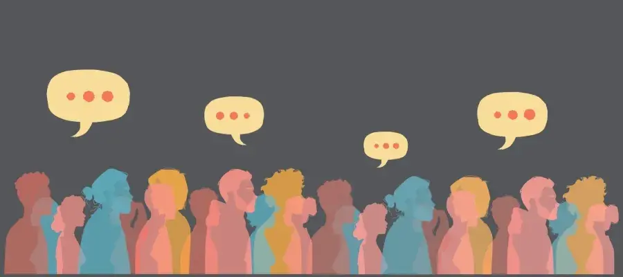 Coloured silhouettes of people against grey background with speech bubbles