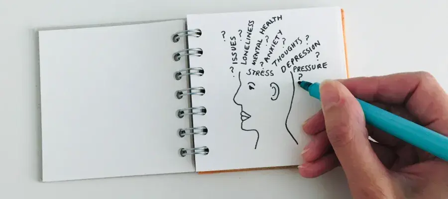Drawing of brain in notepad surrounded by written words associated with mental health