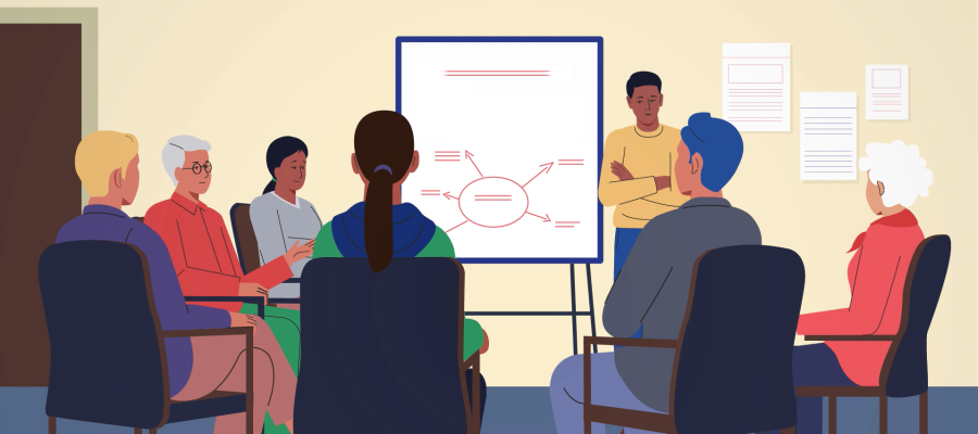 Illustration of group of people sat in chairs in a circle in front of flip chart