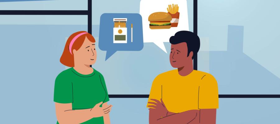 Illustration of woman and man talking about cigarettes and fast food
