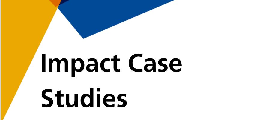 An image with colourful geometric shapes and the text 'Impact case Studies'