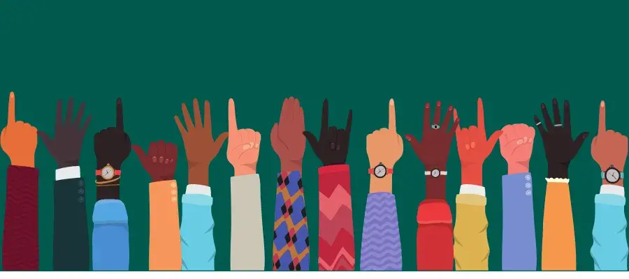 A painting of number of arms raised