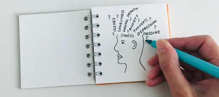 Drawing of brain in notepad surrounded by written words associated with mental health