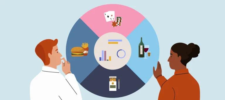 Man and women looking at wheel with icons of unhealthy products