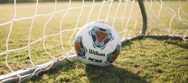 An image of a football in the corner of a football net, sitting on grass.