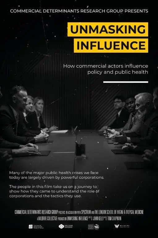 An image of a mixed group of people sitting around a boardroom table. With the text 'Unmasking Influence.'